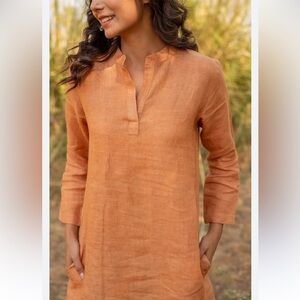 Chico's Soft Orange 100% Linen Relaxed split V neck Tunic size 2(L-12)